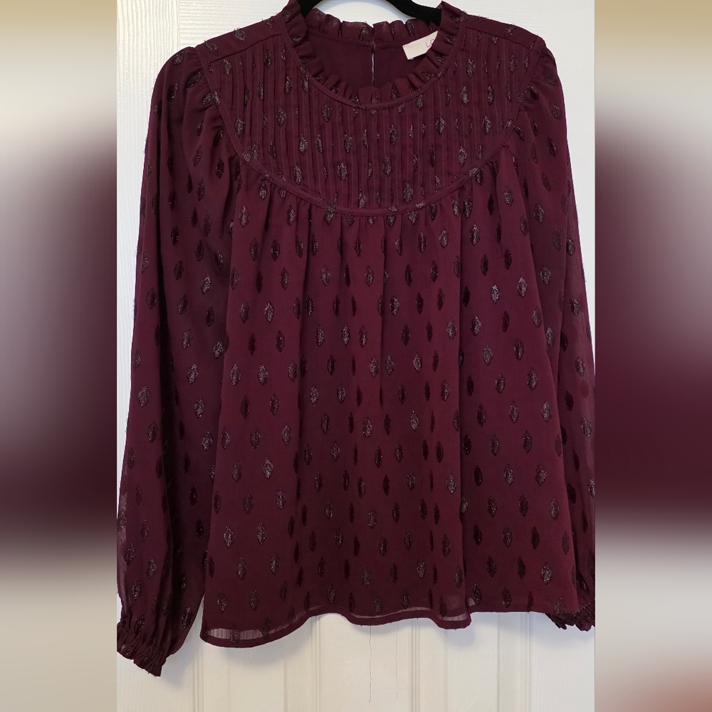 LOFT Burgundy Blouse with Black Pattern